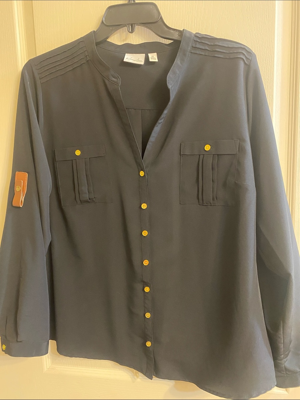 Kim Rogers Woman Black Blouse with Gold Buttons and optional leather strap sleav